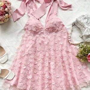 Pink Floral Dress with Bow Straps